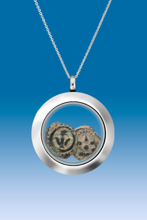 Window's Mites Bronze Coins in Stainless Steel Pendant With Sterling Silver Chain